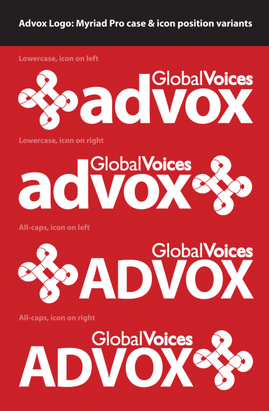Our set of final choices for the Advox logo, all set in Myriad Pro.