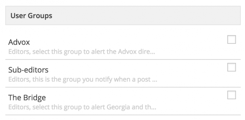 User Groups list inside the Notifications box at the bottom of the post editor.
