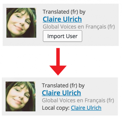 Before and after importing a user in the post editor