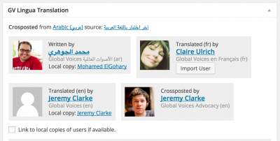 Translation credits in post editor showing the "local matching user" links for Jeremy and Mohamed, who have accounts on both the translation (current) site and the source site. 
